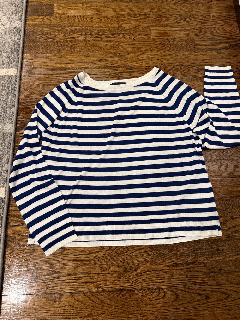 Zara Navy and White Striped Crew Neck Sweater
